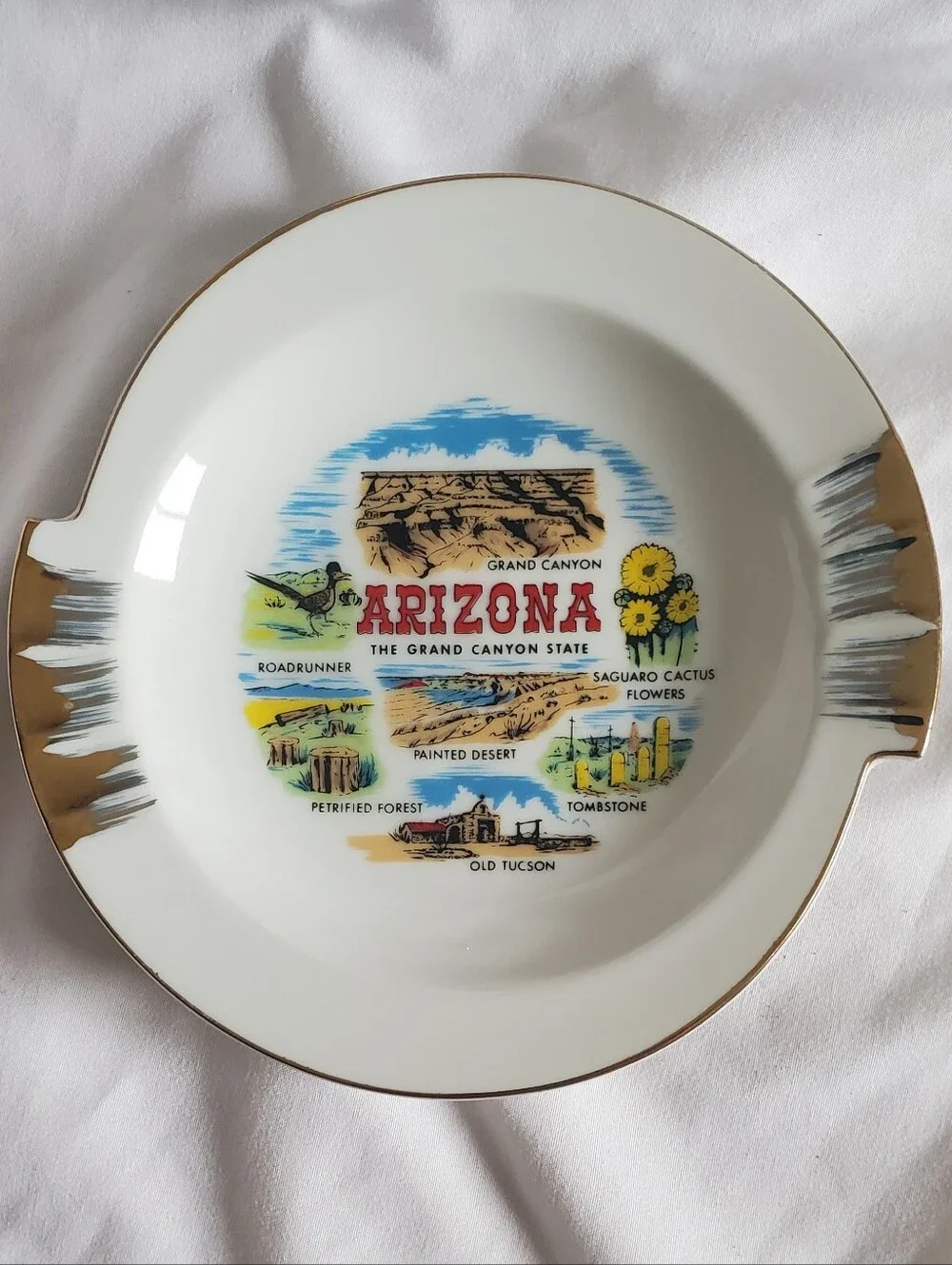 Arizona The Grand Canyon State Vtg Souvenir Decorative Ashtray Plate Gold Trim